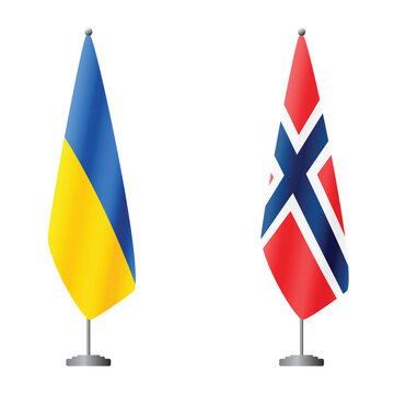 Ukraine and Norway flags on flagpoles for official ceremonies and meetings, transparent background vector