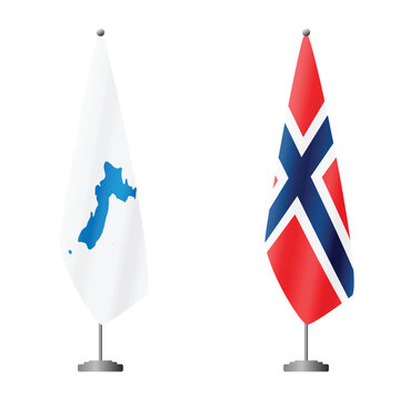 Unification flag of Korea and Norway flags on flagpoles for official ceremonies and meetings, transparent background vector