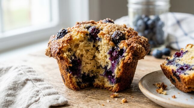 Freshly Baked Blueberry Muffin with Broken Top and Open Center