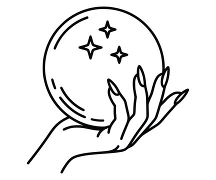 Mystic oracle hand holding crystal ball line art design.