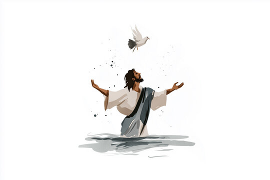 Watercolor of Jesus baptized with a dove descending