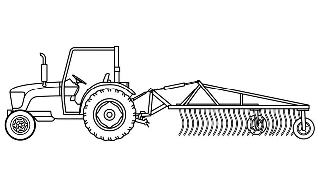 Farm tractor with hay rake on white background.