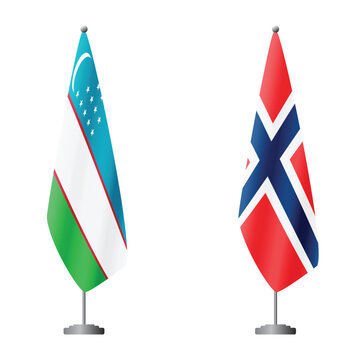 Uzbekistan and Norway flags on flagpoles for official ceremonies and meetings, transparent background vector