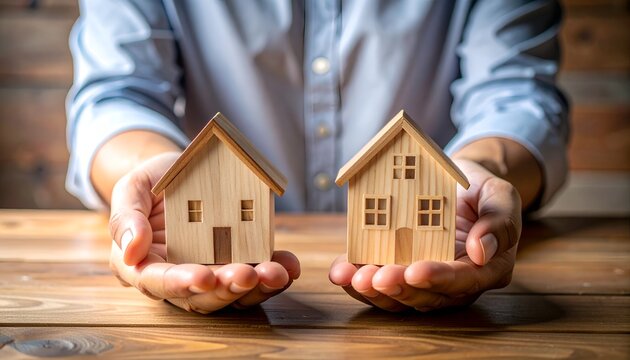 Person presenting two wooden house models on open palms, representing residential property choices, home buying decisions, real estate planning, and housing opportunities.