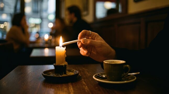 Person lighting a cigarette with a candle at a cozy caf&eacute; table with a cup of coffee