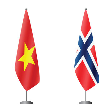 Vietnam and Norway flags on flagpoles for official ceremonies and meetings, transparent background vector