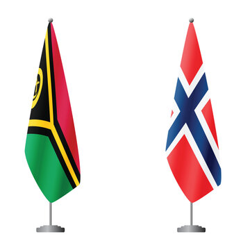 Vanuatu and Norway flags on flagpoles for official ceremonies and meetings, transparent background vector