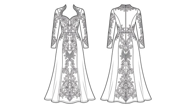 Professional fashion design technical sketch showing front and back views of a long sleeved evening gown with detailed floral embroidery and ornate patterns, black line art on white background.