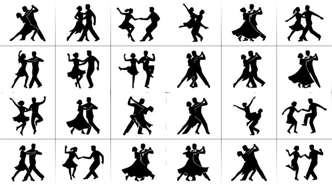 Dancing set with silhouette figures featuring ballroom, tango, waltz with couples and movement
