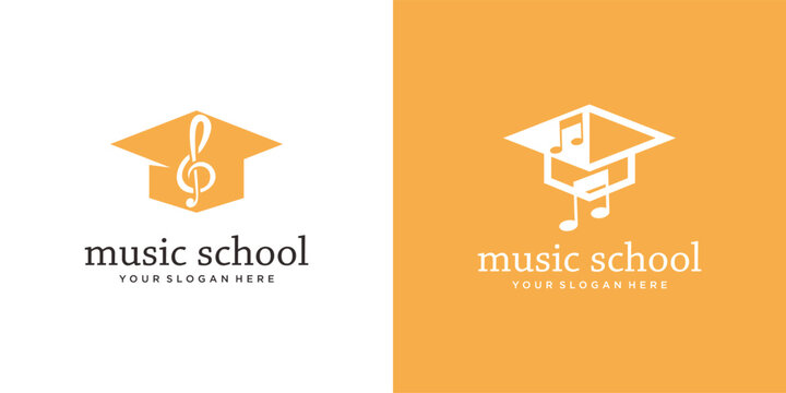 Music school logo design with graduation cap and musical notes.