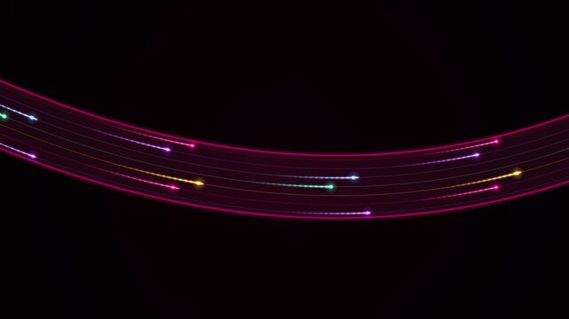 Glowing pink and magenta light trails form an elegant curved arc overlay against a dark modern technology background with looping motion effects