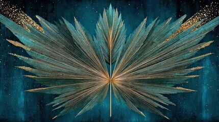 Fototapeta premium Artistic Gold Leaf Palm Frond with Sparkle Effect on Deep Blue Background