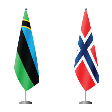 Zanzibar and Norway flags on flagpoles for official ceremonies and meetings, transparent background vector