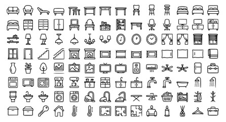 Obraz premium Home Styling and Interior Design UI Icons – 80 Editable Thin Stroke Living Vector Symbols