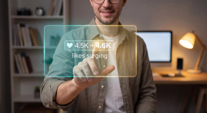 social media manager touches glowing engagement interface to confirm likes increased, verify post popularity, and manage content performance