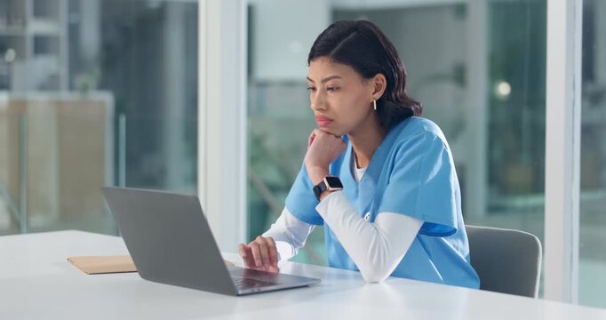 Thinking, nurse and woman with laptop for medical planning, typing email or report in clinic. Computer, problem solving and person with healthcare insight, reading records or admin idea in hospital