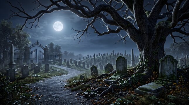 A spooky graveyard scene under a bright full moon serves as the perfect dark halloween special background for your projects