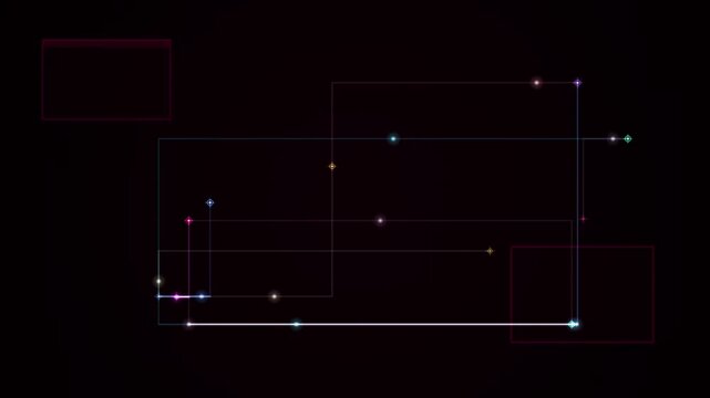 Abstract technology design features glowing geometric rectangles and colored dots floating across a dark background with a modern looping aesthetic.