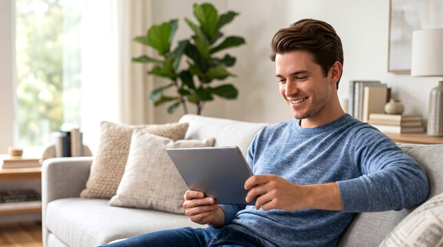 Young man relaxing comfortably on a modern sofa while using a digital tablet inside a bright contemporary living room. 