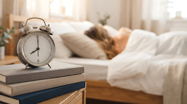 A classic analog alarm clock displaying exactly 8:00 AM, placed neatly on top of a stack of hardcover books beside a bed, while a person sleeps peacefully in the softly blurred background .