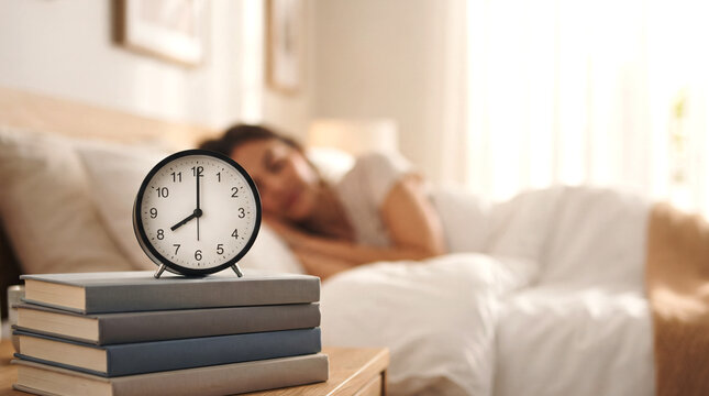A classic analog alarm clock displaying exactly 8:00 AM, placed neatly on top of a stack of hardcover books beside a bed, while a person sleeps peacefully in the softly blurred background .