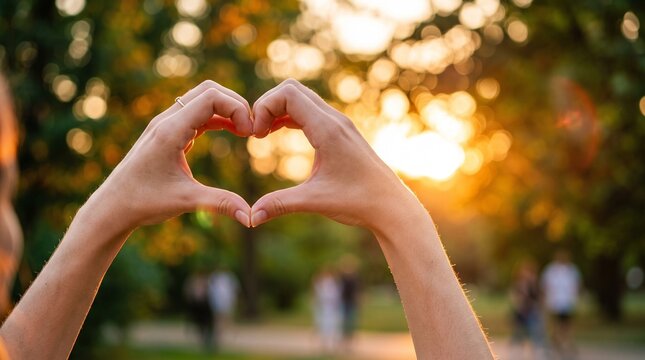 Heart hand gesture at sunset, romantic finger heart shape in park, golden hour love symbol against blurred trees
