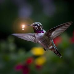 Fototapeta premium Hummingbird flying near colorful flowers