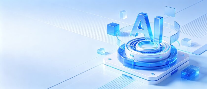 Futuristic 3D AI technology platform with glowing blue interface and geometric elements, idea for artificial intelligence, machine learning, automation and digital innovation banner