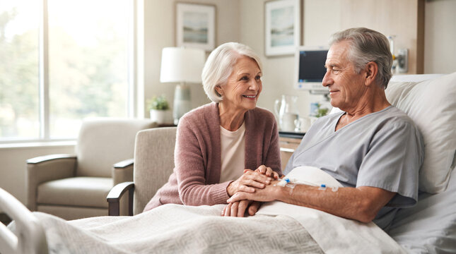 Elderly married couple sharing a quiet, compassionate moment in a bright, comfortable healthcare room.