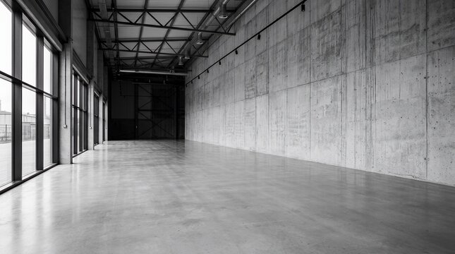 Empty monochrome industrial showroom featuring a raw concrete wall and smooth ground with copy space for display  room empty wall gray grey cement concrete studio background backdrop