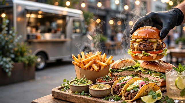 A mouthwatering close-up gourmet street food feast served on a rustic wooden tray from a modern urban food truck.