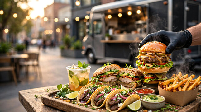 A mouthwatering close-up gourmet street food feast served on a rustic wooden tray from a modern urban food truck.