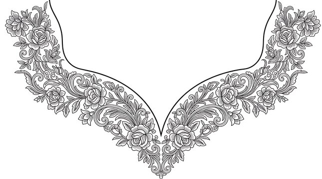 Symmetrical floral embroidery pattern for a sweetheart neckline featuring ornate rose blossoms, swirling leaves, and decorative vines in a black and white line art vector style for garment design.