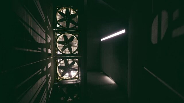 Narrow corridor fans and strip light, stark shadows form rhythmic patterns across metal panels, sterile yet foreboding ambiance evokes restricted access