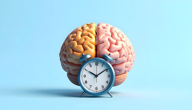 Colorful human brain combined with an alarm clock, symbolizing mental awareness, time management, productivity, daily routines, and the importance of balancing work and rest.