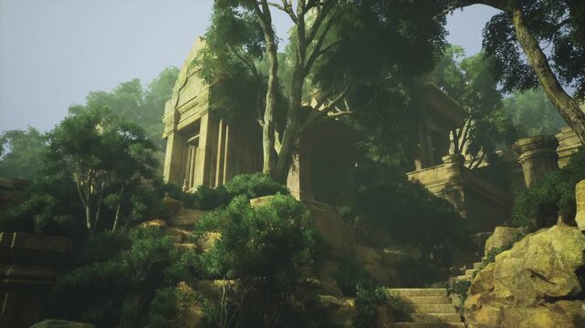 Sunlit stone sanctuary perched above terraces, warm golden light spills across carved openings and stairway, moss patches and calm atmosphere evoke reverence