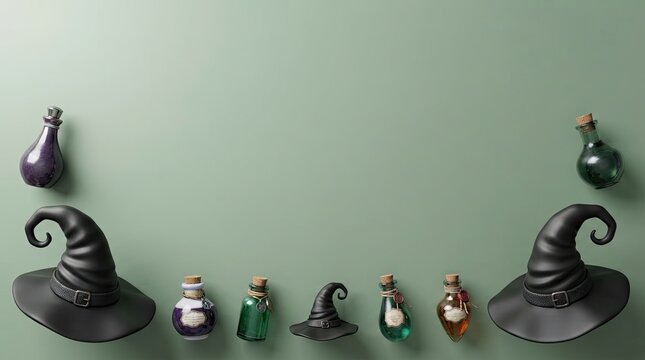 Black witch hats and magic potion bottles on a green background