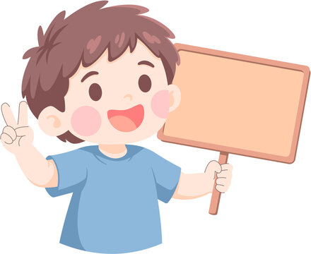 Happy Boy with Peace Sign Holds Blank Sign