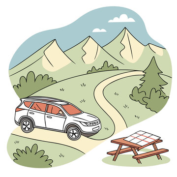 White suv car parked on mountain road near picnic table