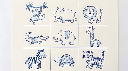 Naklejka premium A collection of cute hand drawn blue ink sketches featuring various safari animals including a monkey lion elephant giraffe zebra and tiger for kids