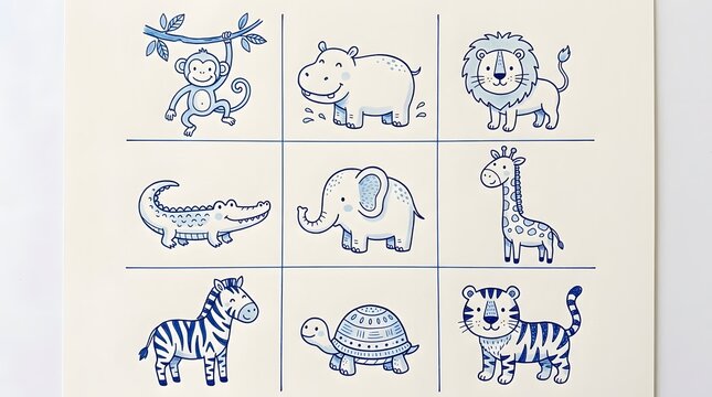 A collection of cute hand drawn blue ink sketches featuring various safari animals including a monkey lion elephant giraffe zebra and tiger for kids