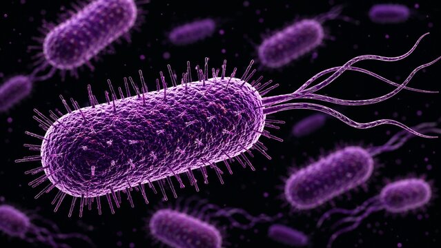 3D microscopic illustration of rod shaped bacteria with pili and flagella
