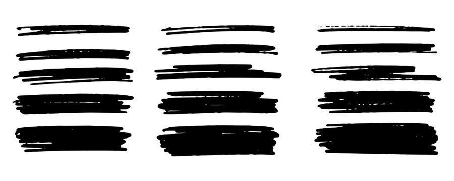 Black marker highlight text line set. Hand drawn brush stroke underline scribbles isolated on white background for memo paper, note emphasis, frame banner, and graphic design.