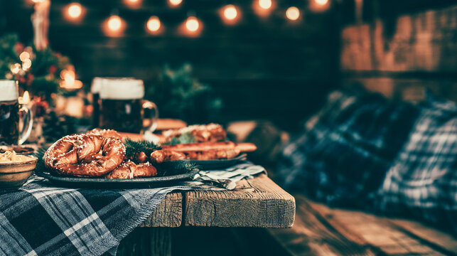 Rustic outdoor party table setup with pretzels and beer at dusk pretzel food beer drinks