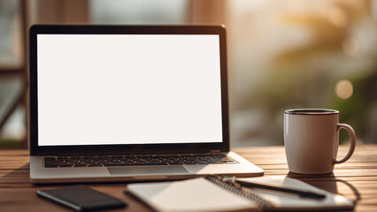 Fototapeta premium A laptop with a blank screen sits on a wooden table next to a coffee mug, notebook, pen, and smartphone in a warm, softly lit workspace.