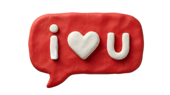 Red clay speech bubble with i love you text and heart shape, transparent background