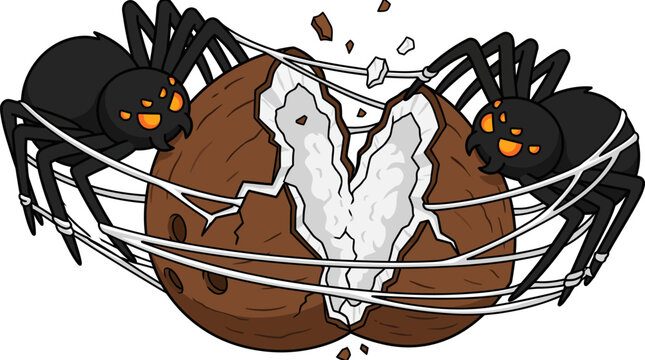 A spooky illustration featuring two large black spiders crawling over a cracked chocolate cookie for a fun halloween party celebration