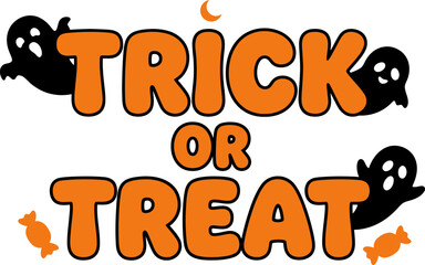 Fototapeta premium A festive halloween trick or treat graphic design featuring orange bubble letters with cute black ghost illustrations and candy icons