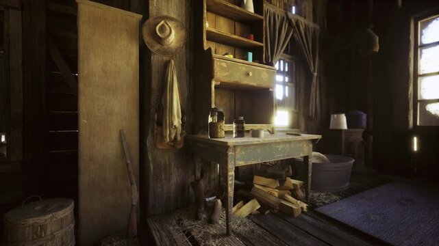 Sunlit Namibian workshop with wooden workbench and scattered tools, warm shafts of light illuminating jars, lantern, rough timber planks and dusty floor,