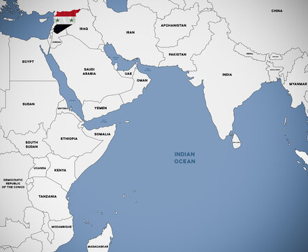 Illustration of a map of Asia with Syria highlighted with the Syrian national flag.